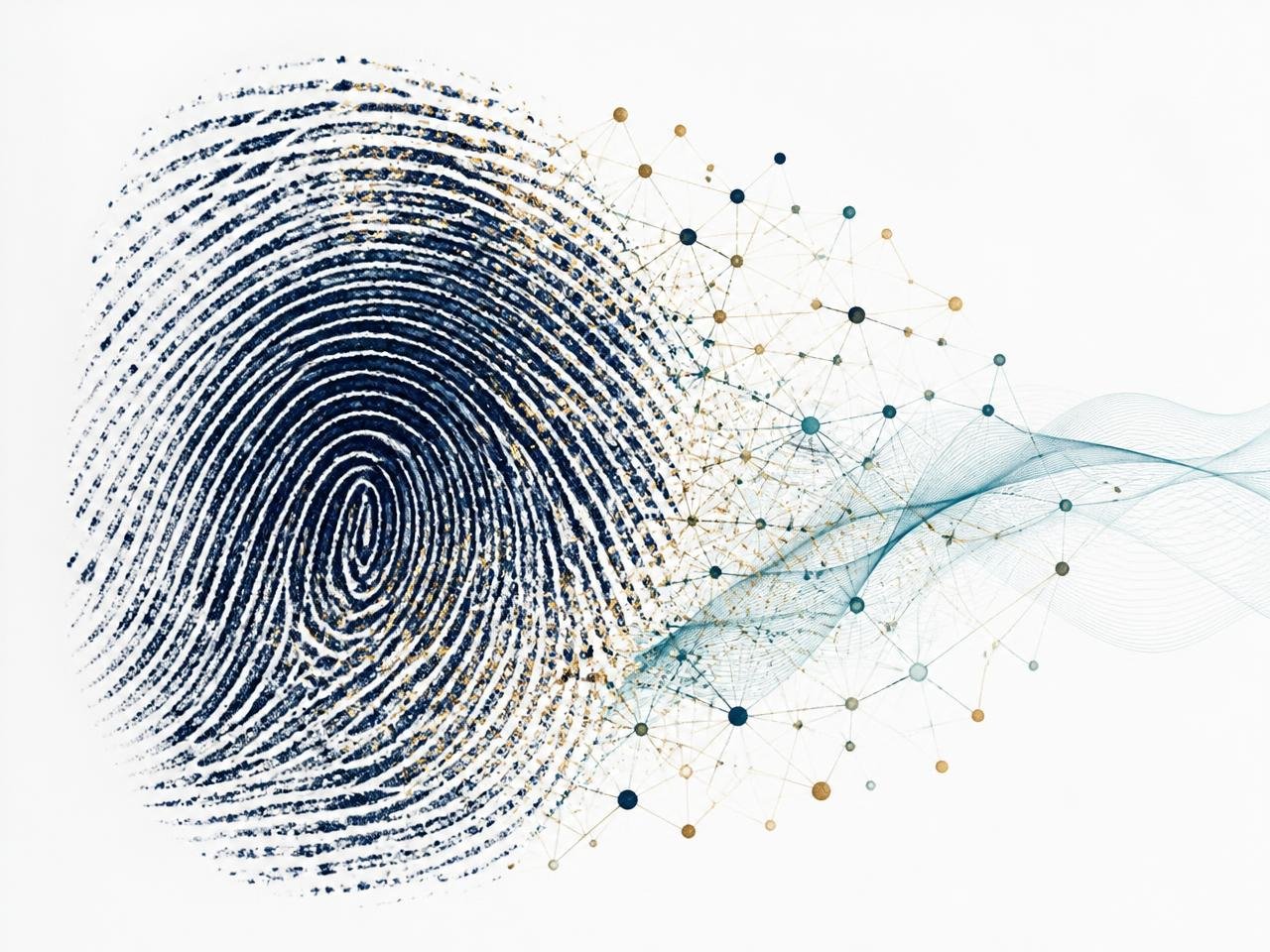 A fingerprint pattern transitioning into an abstract visualisation of learning and potential