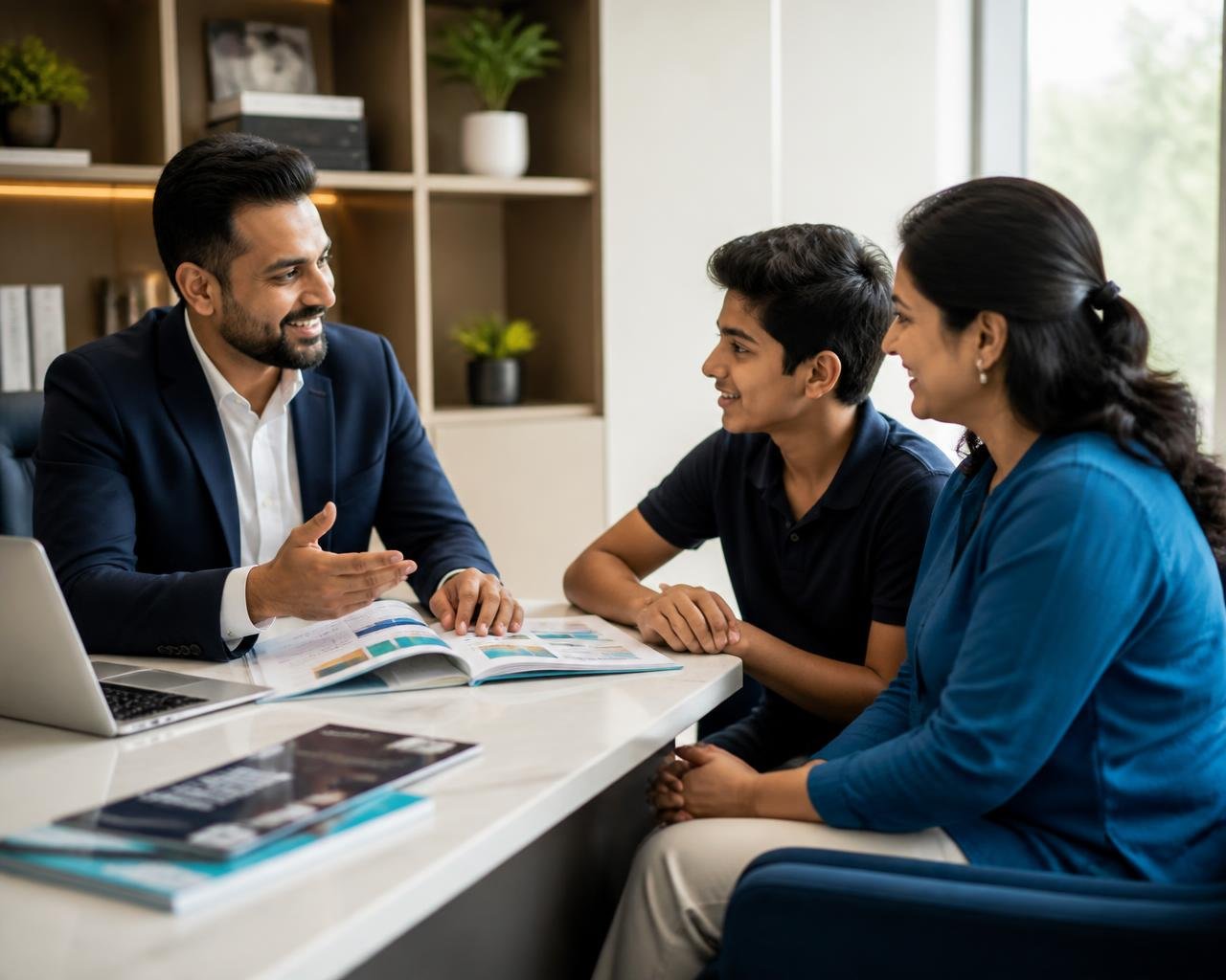 An educational career counsellor discussing assessment findings with a teenage student and their parent